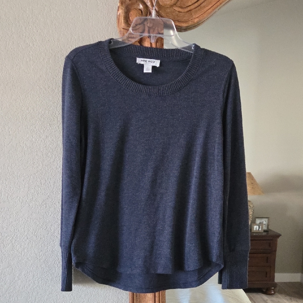 Nine West Blue Soft Knit Rib Neck Long Sleeve Top